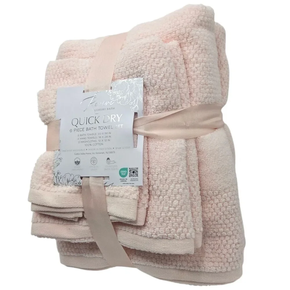 Revive Luxury Bath‎ 6pc Pink Cotton Towel Set Zero Twist 2Bath 2Hand 2Washcloths